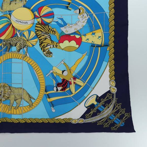 HERMES Carre 90 Scarf ""CIRCUS"" Silk Blue Light Blue white Auth ac3186 - Picture 10 of 15